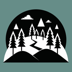Fototapeta premium Title: A minimalist of a mountain landscape with trees and a winding path on a teal background