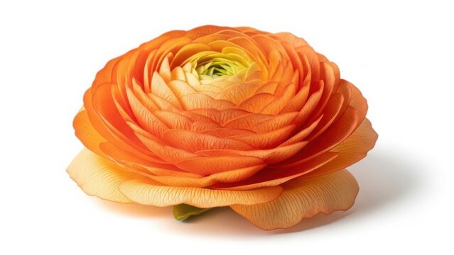 A beautiful single macro blossom of a romantic orange rose with delicate petals isolated on a white background, representing nature, beauty, and a floral gift for love