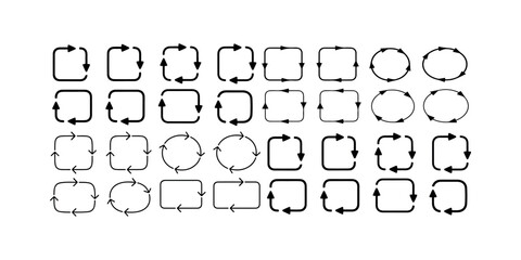 Set of rotation and refresh icons with rounded squares and circles arrows for interface