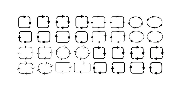 Set of rotation and refresh icons with rounded squares and circles arrows for interface
