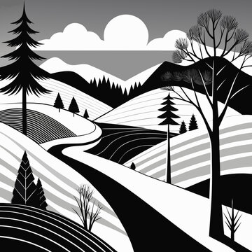 Title: A serene winter landscape with a winding path through a forest of pine trees under a full