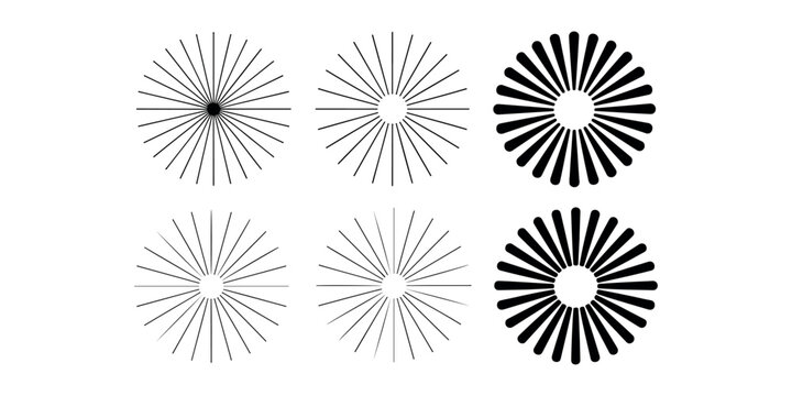Sunburst and starburst shapes with rays, thin line and filled segments optical effects