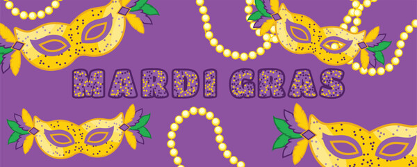 Purple Mardi Gras Carnival Banner with Masks, Beads and Confetti, Festive Masquerade Background