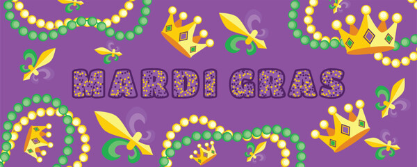 Purple Mardi Gras Festival Banner with Beads, Crowns and Jester Symbol, Classic Carnival Celebration