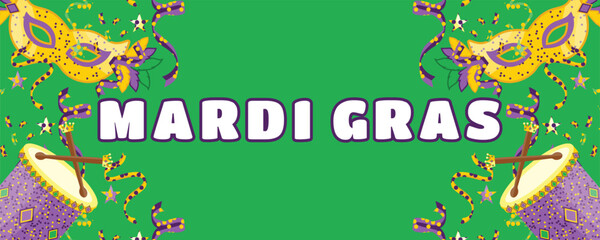 Green Mardi Gras Carnival Banner with Feather Masks, Drums and Confetti, Energetic Festival Background