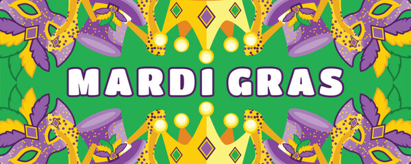 Green Mardi Gras Festival Banner with Carnival Masks, Crowns, Hats and Festive Costumes, Luxury Celebration Background