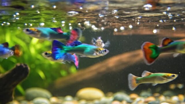 Colorful guppy fish swimming in a vibrant aquarium setting