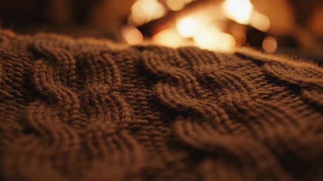 Cozy Blanket by Fireplace - A close-up shot captures the intricate texture of a brown knitted blanket, with a blurred fireplace glowing softly in the background.