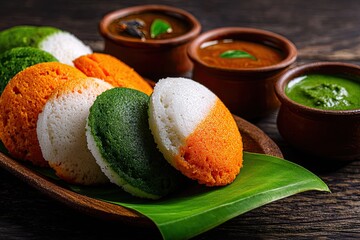 South Indian Breakfast Orange, White, and Green Idli