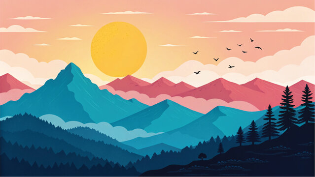 Stylized illustration of a tranquil mountain landscape with layered peaks and a colorful sunrise or sunset over the forest