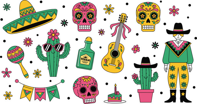 Mexican culture icons set with sugar skulls, cactus, sombrero, guitar, tequila, and festive elements in flat vector style