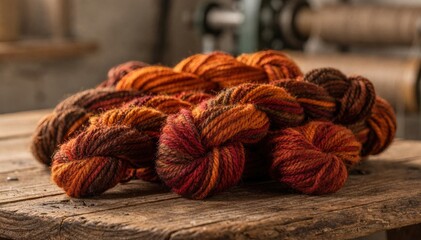 Seasonal colormelange yarn production captured in medium shot featuring warm autumnal hues like burnt orange deep reds and browns blending for textured cozy yarns.