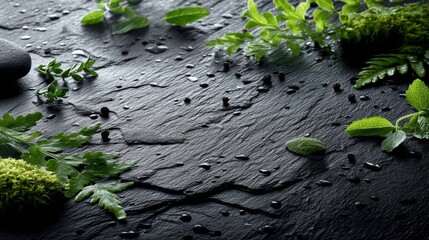 Fresh Green Leaves and Pebbles with Water Droplets on Dark Slate Surface, Nature Inspiration for Wellness, Zen, and Natural Decor Enthusiasts