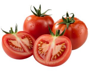 Fresh Red Tomatoes with Water Droplets and Sliced Halves Showing Seeds, Juicy Ripe Produce Closeup on transparent background