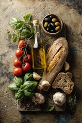 Fresh Basil, Garlic, and Olives Flat Lay
