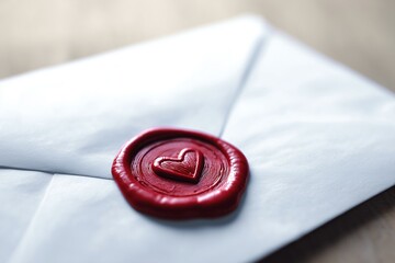 White envelope red wax heart seal, modern valentine message in glossy closeup, bold red accent and intimate mood, secret admirer note or proposal invitation ready for delivery