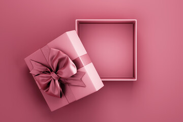 Open present box wrapped with red bow tie on pink background. Valentine's day giftbox for luxury product mockup. Mother's day, woman, birthday, anniversary holiday celebration. Top view.