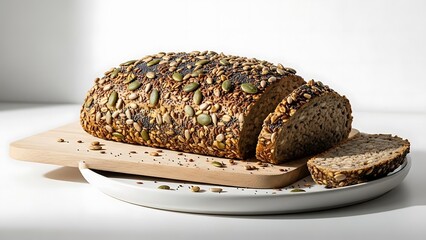 Seeded Whole Grain Bread: Freshly Baked Loaf on Wooden Board