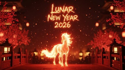 Lunar New Year 2026 Fiery Horse on Bridge with Lanterns