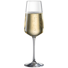 Champagne Flute Glass Bubbles Overflowing, Sparkling Golden Beverage in Tall Stemmed Crystal Glass on transparent background