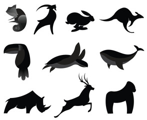 Obraz premium Black animal silhouette logo collection, minimalist wildlife vector icon set