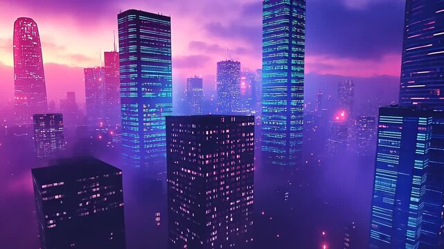 High-angle establishing shot of a futuristic city at dusk with neon lights and fog.