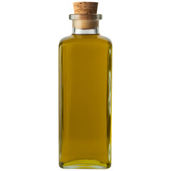 Olive Oil Bottle with Cork Stopper, Square Glass Container Filled with Golden Liquid, Clear on transparent background