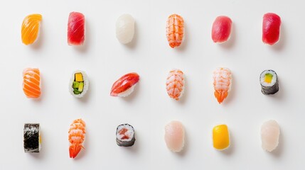 Vibrant sushi selection featuring nigiri and maki rolls, showcasing delicate ingredients and meticulous plating against pristine white background