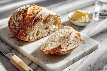 Fresh Bread with Butter and Knife Background