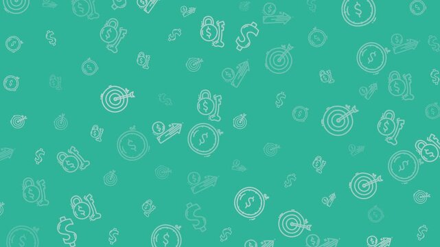 Seamless looping animation featuring financial growth icons such as targets, arrows, coins, locks, and dollar symbols. Perfect for business growth, investment, strategy, and success themed videos.