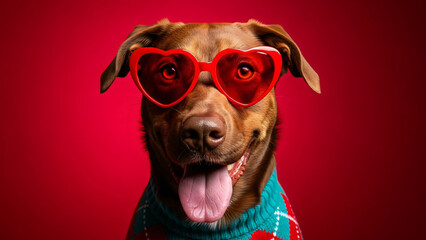 Obraz premium Adorable Brown Dog Wearing Red Heart-Shaped Sunglasses and a Festive Sweater on a Vibrant Red Background