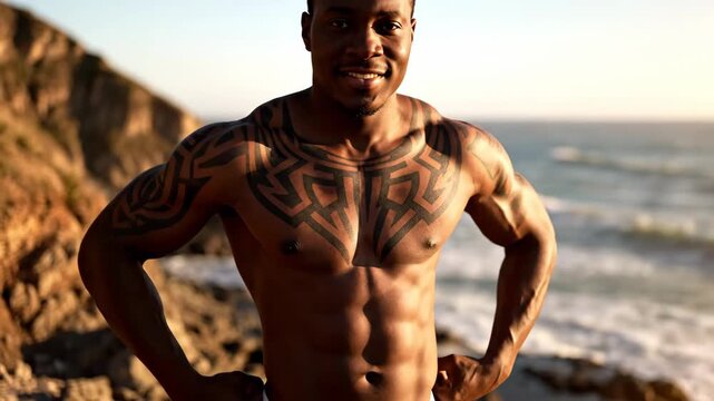 Muscular Man with Tribal Tattoo - A handsome, muscular Black man with tribal tattoos smiles confidently at the camera. He is standing outdoors near a rocky cliff and the ocean.