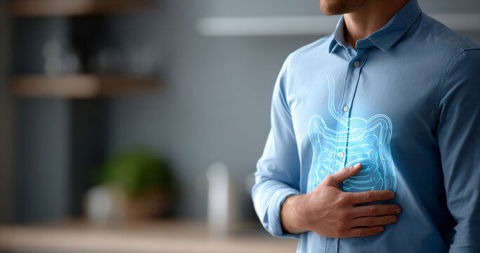 Man in blue shirt holding stomach with digital illustration of digestive system overlay representing gut health and abdominal discomfort