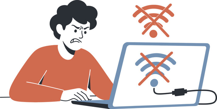 Frustrated man with no wi-fi connection on laptop