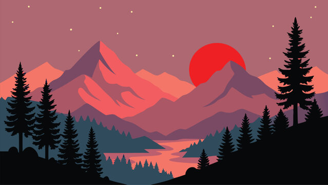 Minimalist vector art of a tranquil mountain range during a beautiful sunset, featuring a large red sun and silhouetted pine trees