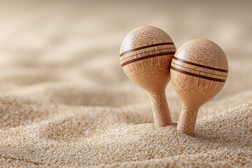 Carnival maracas on the sand of a tropical beach, a symbol of music, celebration, summer festival spirit, relaxation and culture.