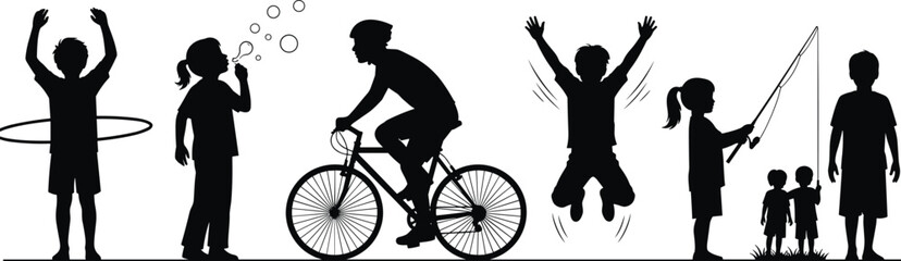 Obraz premium Set of children playing silhouettes, riding bike, hula hoop, fishing, blowing bubbles, black vector illustration isolated on white background.