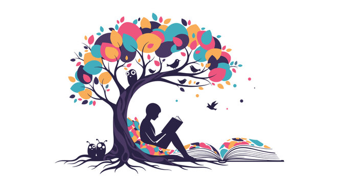 Stylized silhouette of a person reading a book under a large colorful tree with birds and butterflies on a white background.