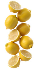 Fresh Whole Lemons and Sliced Halves Falling Vertically in Mid Air on transparent background