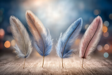Colorful soft feather with pink and blue hues on an abstract background with bokeh, a symbol of lightness, creativity, imagination and elegance.