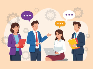 Group of business colleagues talking and discussing in office setting with laptop