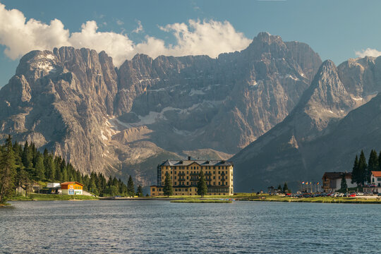 Scenic View of Misurina Lake with the Majestic Sorapiss Mountain Group in the Dolomites