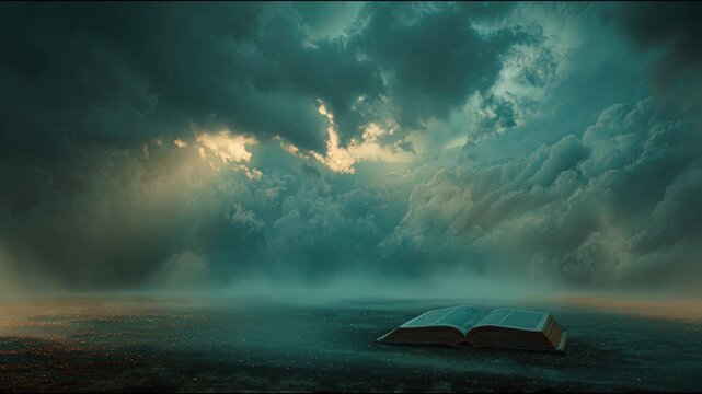 An open book rests on a desolate plane, under a dramatic, moody sky, creating a feeling of knowledge and serenity. ..Created with Generative AI, not depicting real subjects.