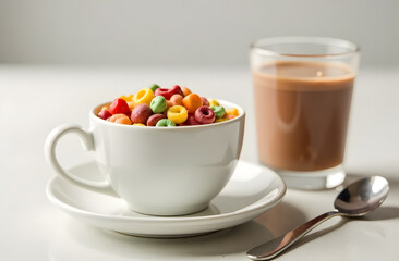 A white cup filled with colorful cereal rings next to a glass of chocolate milk and spoon on a white table, representing a fun breakfast concept