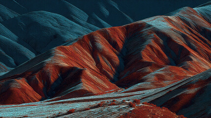 Colorful mountain landscape with red and blue hues showing natural texture and depth in dramatic light setting