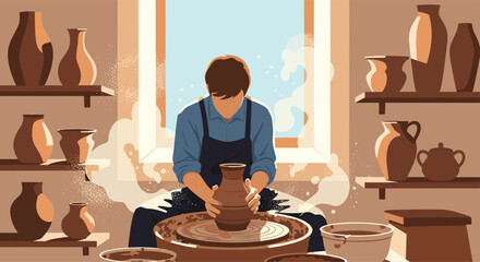 Skilled male potter carefully shaping a wet clay vessel on a spinning wheel in a well-lit workshop with shelves of pottery.