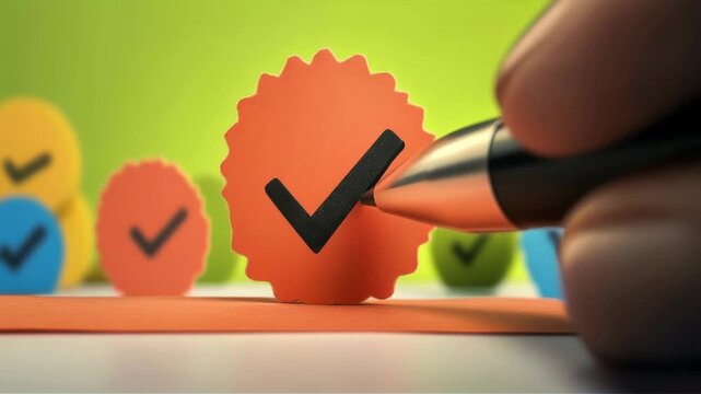 Check mark orange paper with pen tip close up, colorful approval symbols background, concept of success, verification, and validation for paper