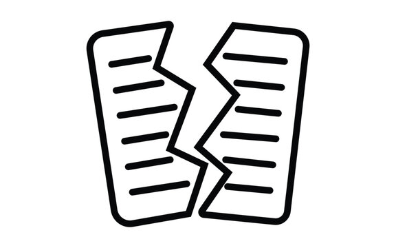Broken document icon representing failed agreement or torn contract on white background