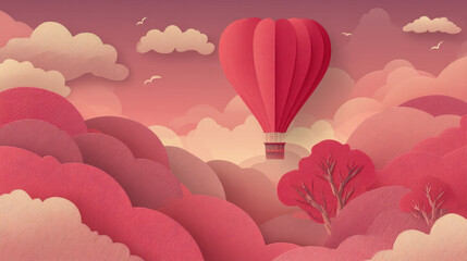 Fototapeta premium Soft pink clouds and trees surround red hot air balloon floating in sky creating dreamy and peaceful atmosphere with gentle light and texture