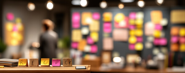 Sticky notes on wooden blocks with blurred person in background create creative workspace atmosphere with colorful reminders and ideas
